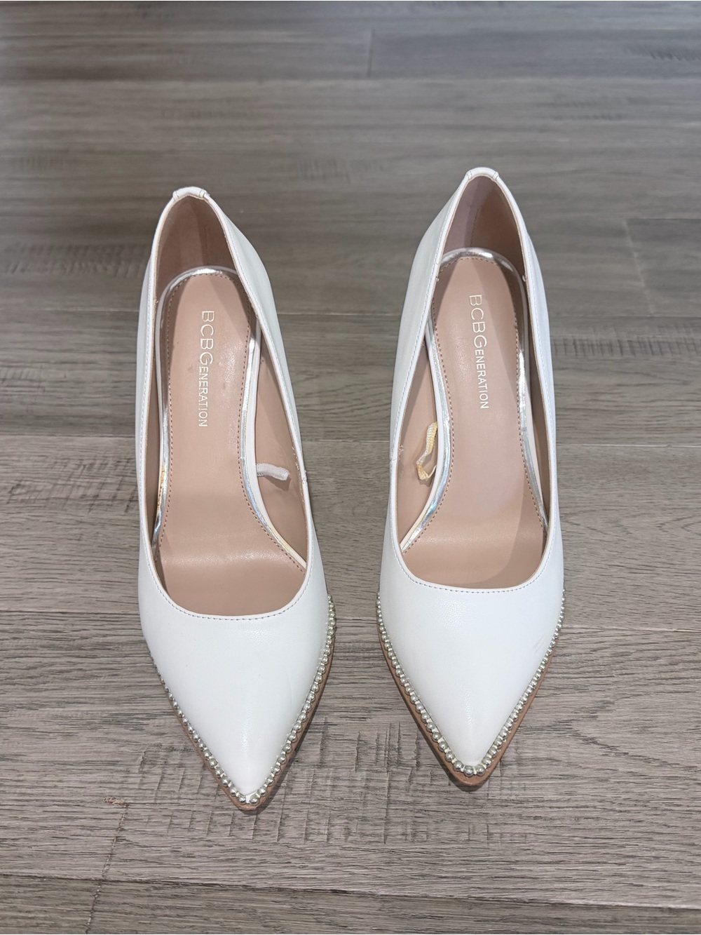 BCBGeneration White Pointed Toe Heels with Crystal Edge